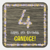 4e verjaardag: Bloemennummer, Faux Wood Look, Naam Vierkante Sticker (Voorkant)
