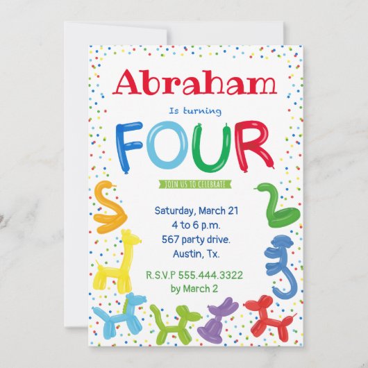 4e verjaardag dierballonvaarding kaart (Voorkant)