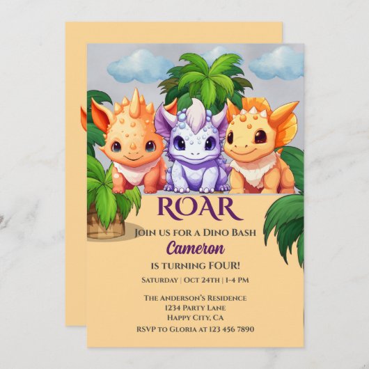 4e verjaardag Dinosaurus Feest een Dino Bash Kaart (Voorkant / Achterkant)