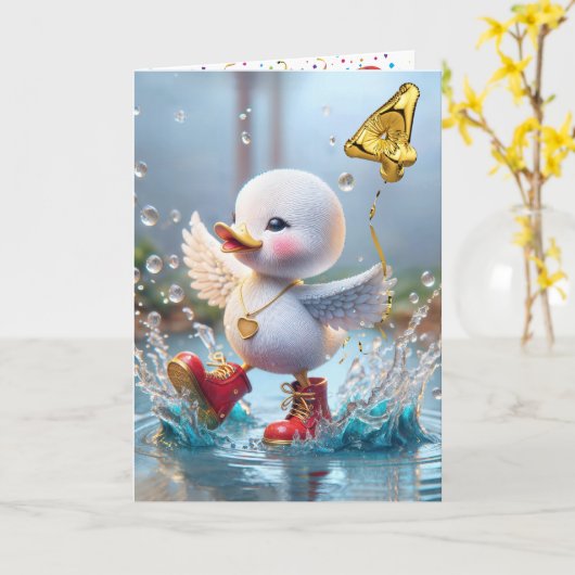 4e verjaardag Duck dansen in een regenplas Kaart (Gele Bloem)
