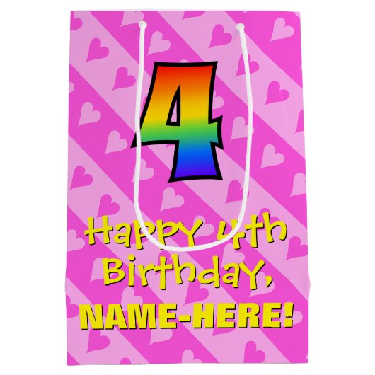 4e verjaardag: Fun Pink Hearts Stripes & Rainbow 4 Medium Cadeauzakje (Achterkant)