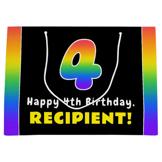 4e verjaardag: kleurrijke regenboog # 4, aangepast groot cadeauzakje (Voorkant)