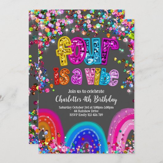 4e Verjaardag Uitnodiging Glitter Sequin Rainbow (Voorkant / Achterkant)