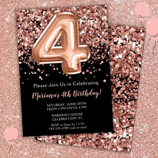 4e verjaardag Uitnodiging zwart Roos Gold Glitter