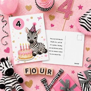 4e verjaardag voor meisjes Zoete zebra ansichtkaar Briefkaart