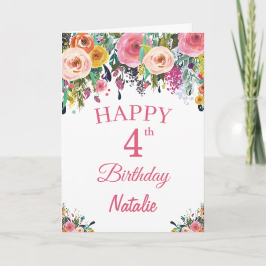 4e verjaardag Waterverf Floral Flowers Roze kaart (Voorkant)