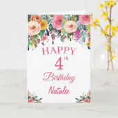 4e verjaardag Waterverf Floral Flowers Roze kaart (Gele Bloem)
