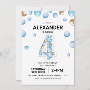 4e verjaardagsfeestje, blauwe en gouden ballon jon kaart