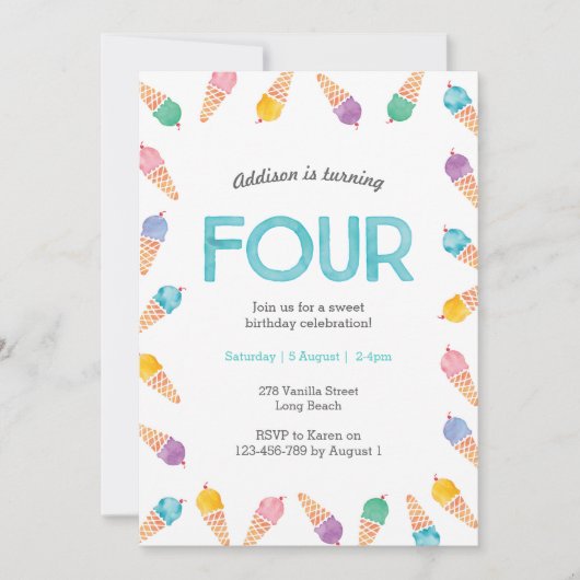 4e verjaardagsfeestje | Rainbow Ice cream uitnodig Kaart (Voorkant)