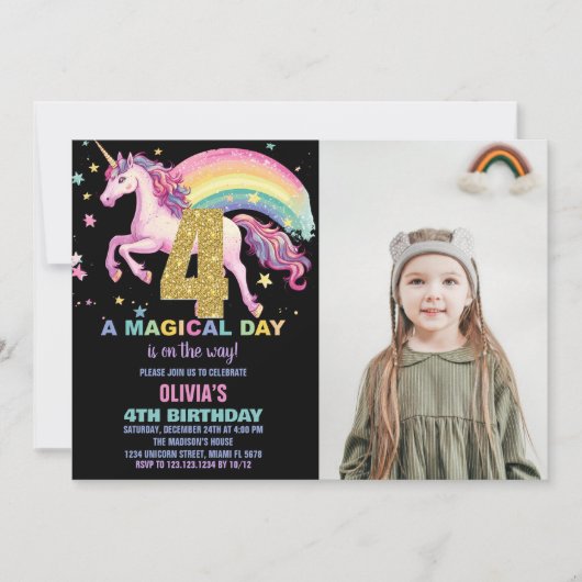 4ème Unicorn Invitations Anniversaire Noir avec ph (Devant)
