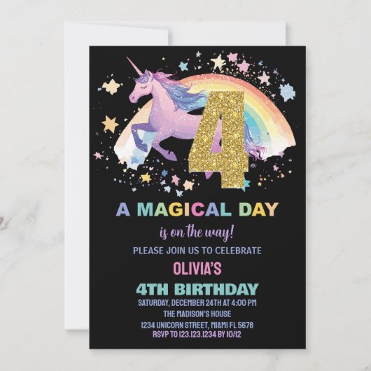 4ème Unicorn Invitations d'anniversaire (Devant)