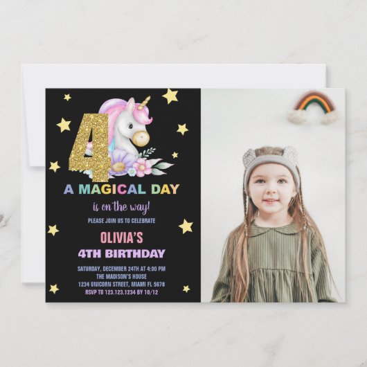 4ème Unicorne Florale Invitations d'anniversaire a (Devant)
