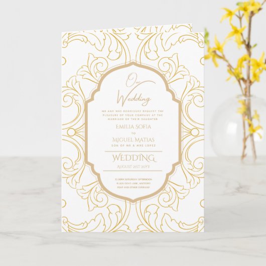 4page Gold Ornate MARIAGE Inviter Programme modern (Fleur jaune)