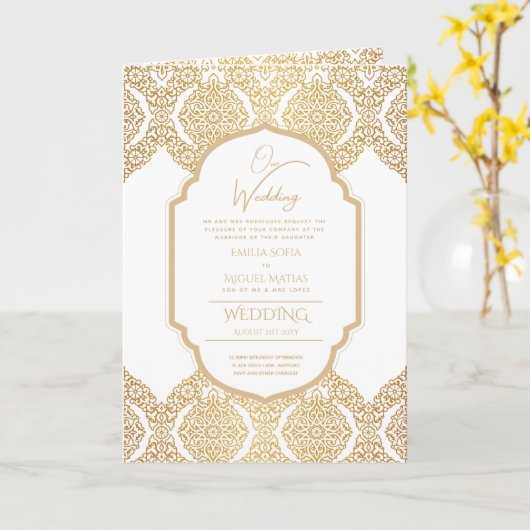 4page Gold Ornate MARIAGE Inviter Programme modern (Fleur jaune)