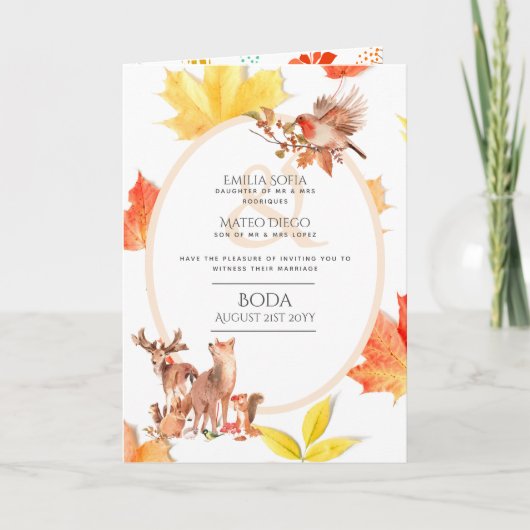4pg Espagnol BODA Invitation Bois Animaux Automne (Devant)