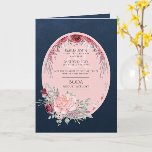4pg Espagnol BODA Invitation Marine Bleu rose Bour (Fleur jaune)