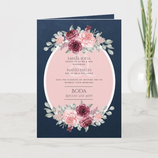 4pg Espagnol BODA Invitation Marine Bleu rose Bour (Devant)
