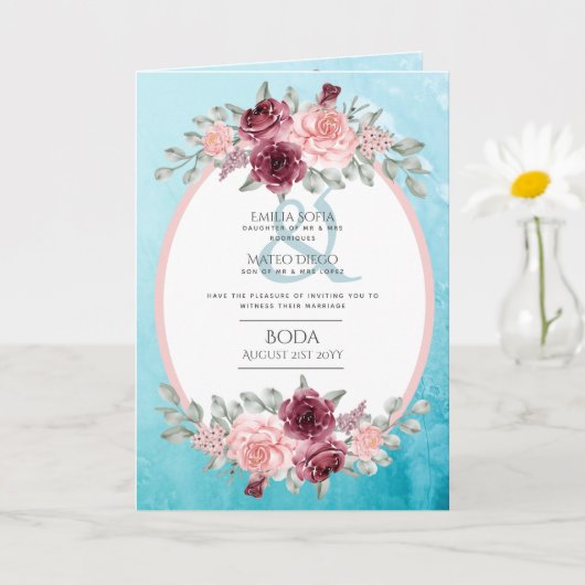 4pg Espagnol BODA Invitation Turquoise Aqua Bleu B (Petite plante)