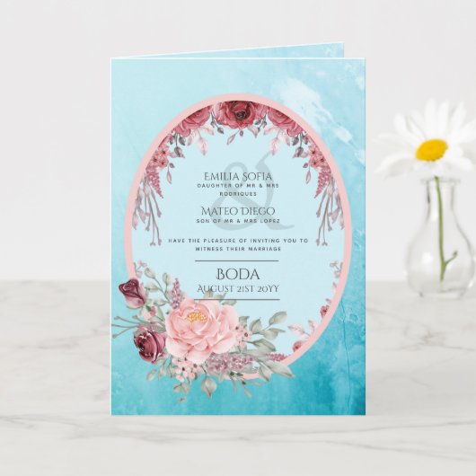 4pg Espagnol BODA Invitation Turquoise Aqua Bleu B (Petite plante)