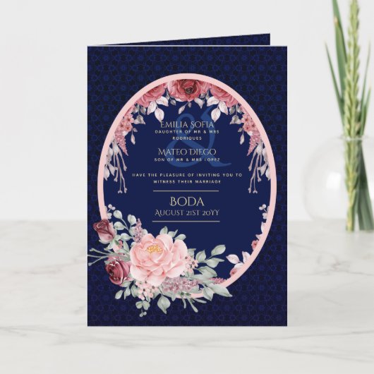 4pg Espagnol BODA Invitations Marine Bleu Bourgogn (Devant)