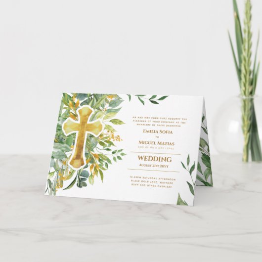 4pg Floral Cross Green Wedenery Wedding Invitation (Devant)