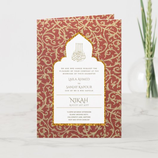 4Pg NIKAH WALIMA Invitation Red Gold Ornate (Devant)