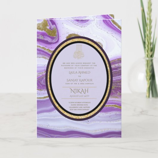 4Pg. NIKAH WALIMA Paars Gold Marble Agate Glitter Kaart (Voorkant)