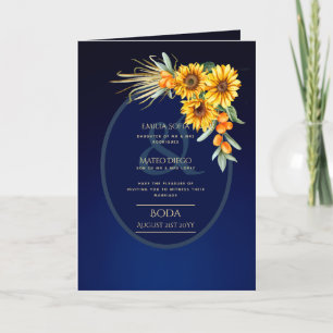 4pg Spaanse BODA-uitnodigingen, Blue Sunflower Car Kaart