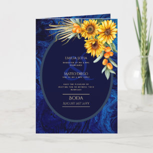 4pg Spaanse BODA-uitnodigingen, Blue Sunflower Car Kaart