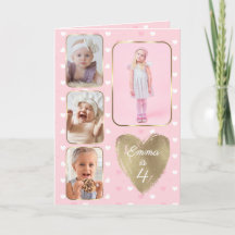 4th Birthday 4 Picture Collage Gold Pink Hearts