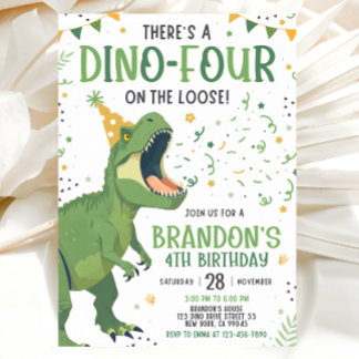 4th Dinosaur Birthday Invitation Kaart