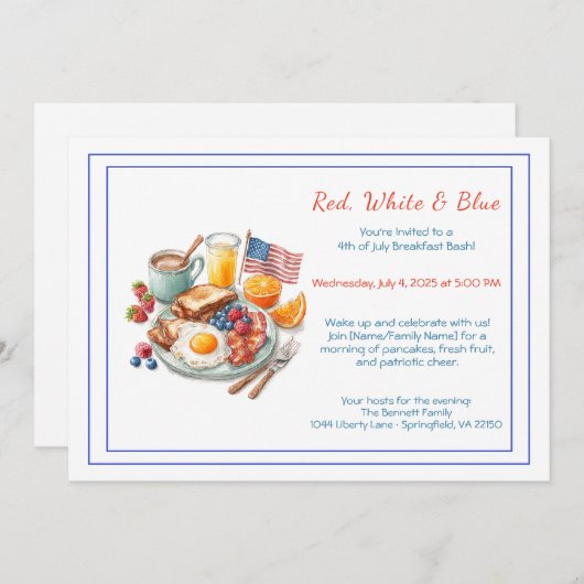 4th of July Breakfast Invitation – Patriotic (Devant / Derrière)