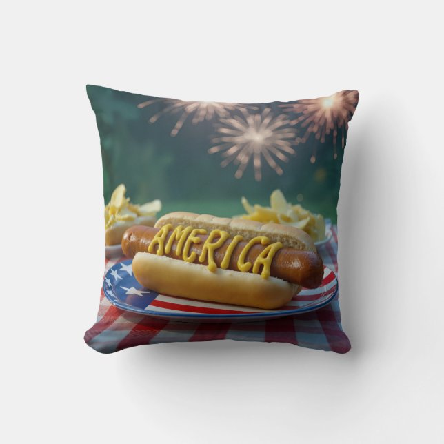 4th of July Hot Dog and Fireworks Kussen (Voorkant)