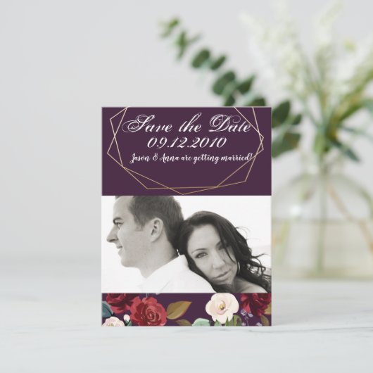 4x5 Bewaar de datum Kaart Plum Paarse Rozen Gouden (Staand voorkant)