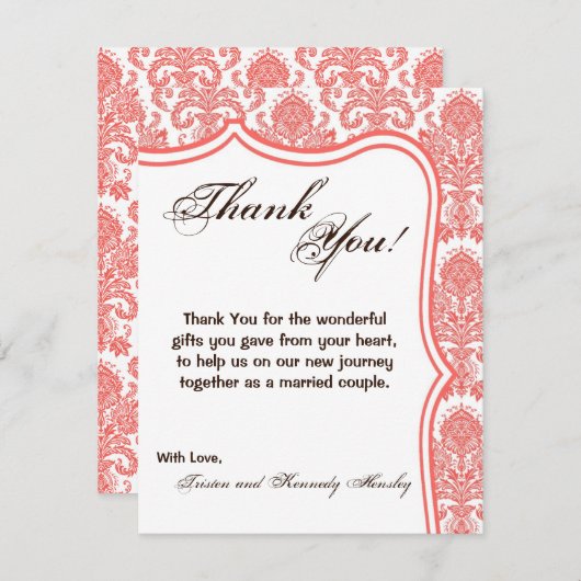4x5 Carte de remerciements PLAT Corail Blanc Damas (Devant / Derrière)