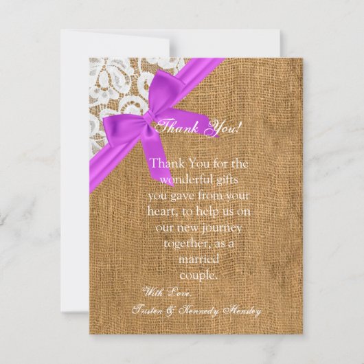 4x5 Carte de remerciements PLAT Purple Burlap Lace (Devant)