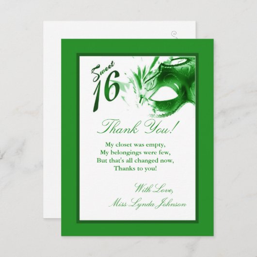 4x5 Carte de remerciements PLAT Sweet 16 Green Par (Devant / Derrière)