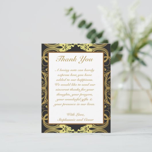 4x5 FLAT Bedankkaart Goud en Zwart Damask (Staand voorkant)