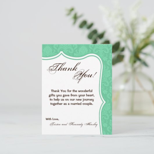 4x5 FLAT Bedankt Card Mint Wit Damask Kant (Staand voorkant)