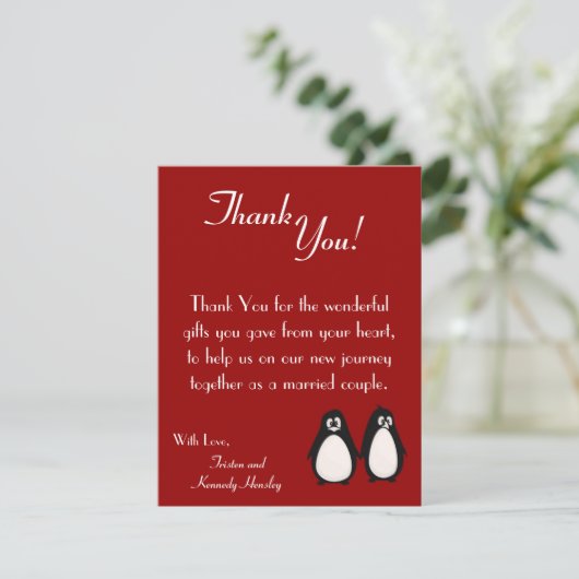 4x5 FLAT Bedankt Card Penguin Love Paar Mate (Staand voorkant)