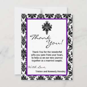 4x5 FLAT Bedankt Card Zwart Paarse Damask Kant