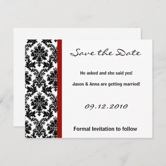 4x5 Save the Date Kaart - Zwart Damask & Rode Crim (Voorkant / Achterkant)