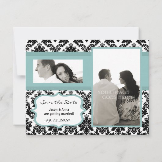 4x5 Save the Date Kaart Zwart Damast Blauw (Voorkant)