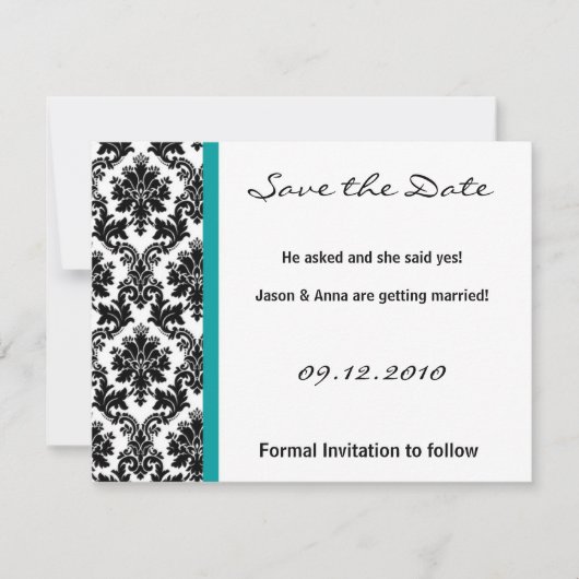 4x5 Sla de datumkaart op - Zwarte Damask & Blauwgr Save The Date (Voorkant)