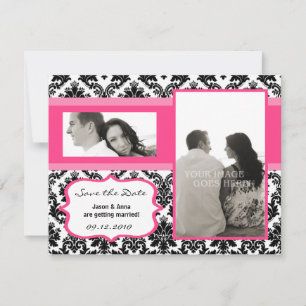 4x5 Sla de datumkaart op - Zwarte Damask & Hot Pin Save The Date