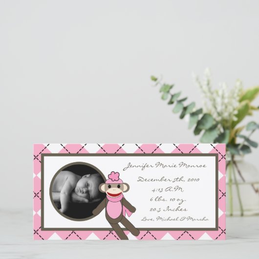 4x8 Faire-part de naissance de singe Jacquard rose (Debout devant)