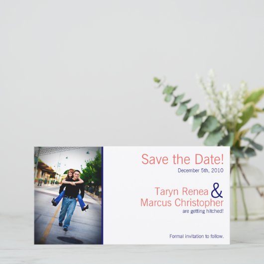 4x8 Fiançailles Faire-part Coral Navy Blue Chevro (Debout devant)