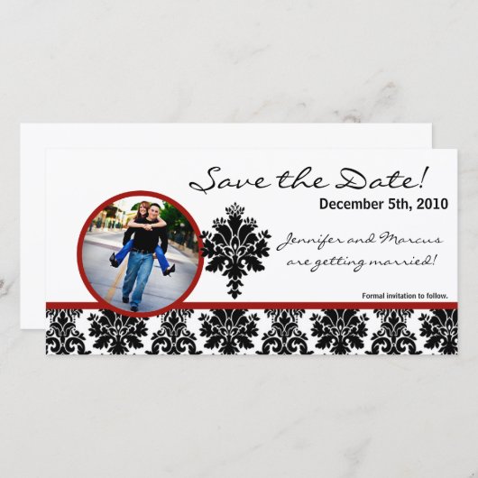 4x8 Fiançailles Faire-part noir rouge Damas (Devant / Derrière)