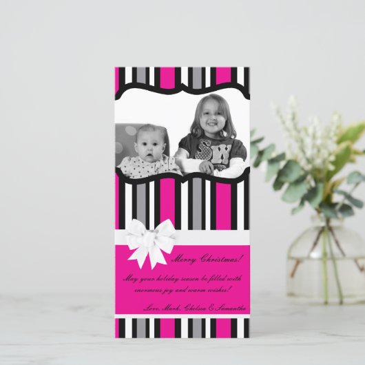 4x8 hete roze zwart gestreepte FOTO kerstkaart (Staand voorkant)