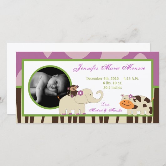 4x8 Jucana Paarse Dieren Foto Geboorteaankondiging Aankondiging (Voorkant / Achterkant)